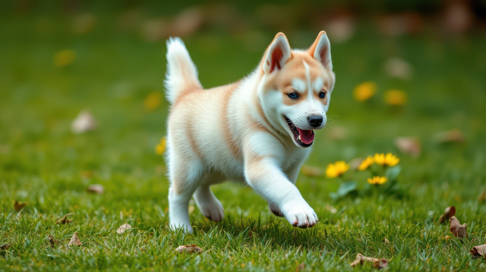 Happy puppy exploring a garden in springtime sunshine while surrounded by blooming yellow flowers